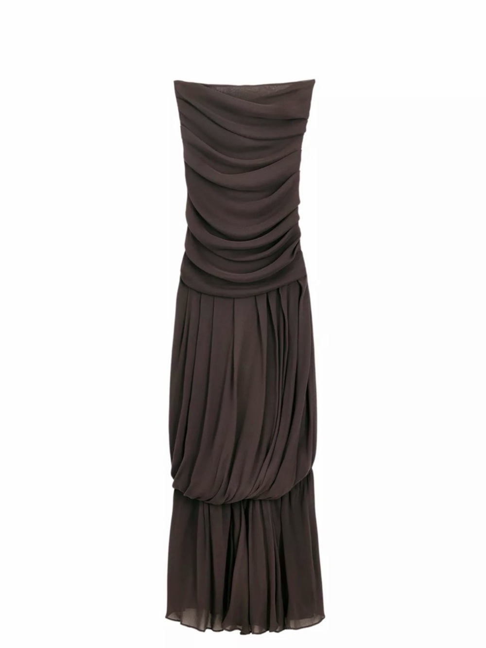 Zara Strapless Chocolate Brown Draped Maxi Dress